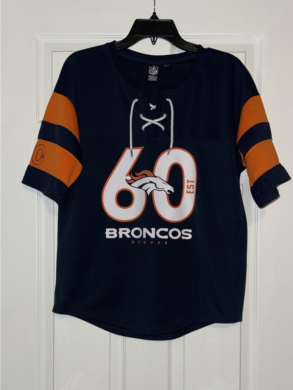 NFL Team Apparel - Navy Broncos shirt with White Lace-Up Drawcords